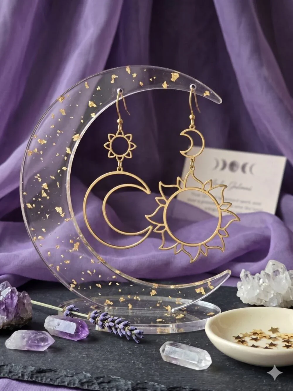 Sun Moon Mismatched Dangle Earrings Gold Celestial Cutout Boho Whimsigoth 3